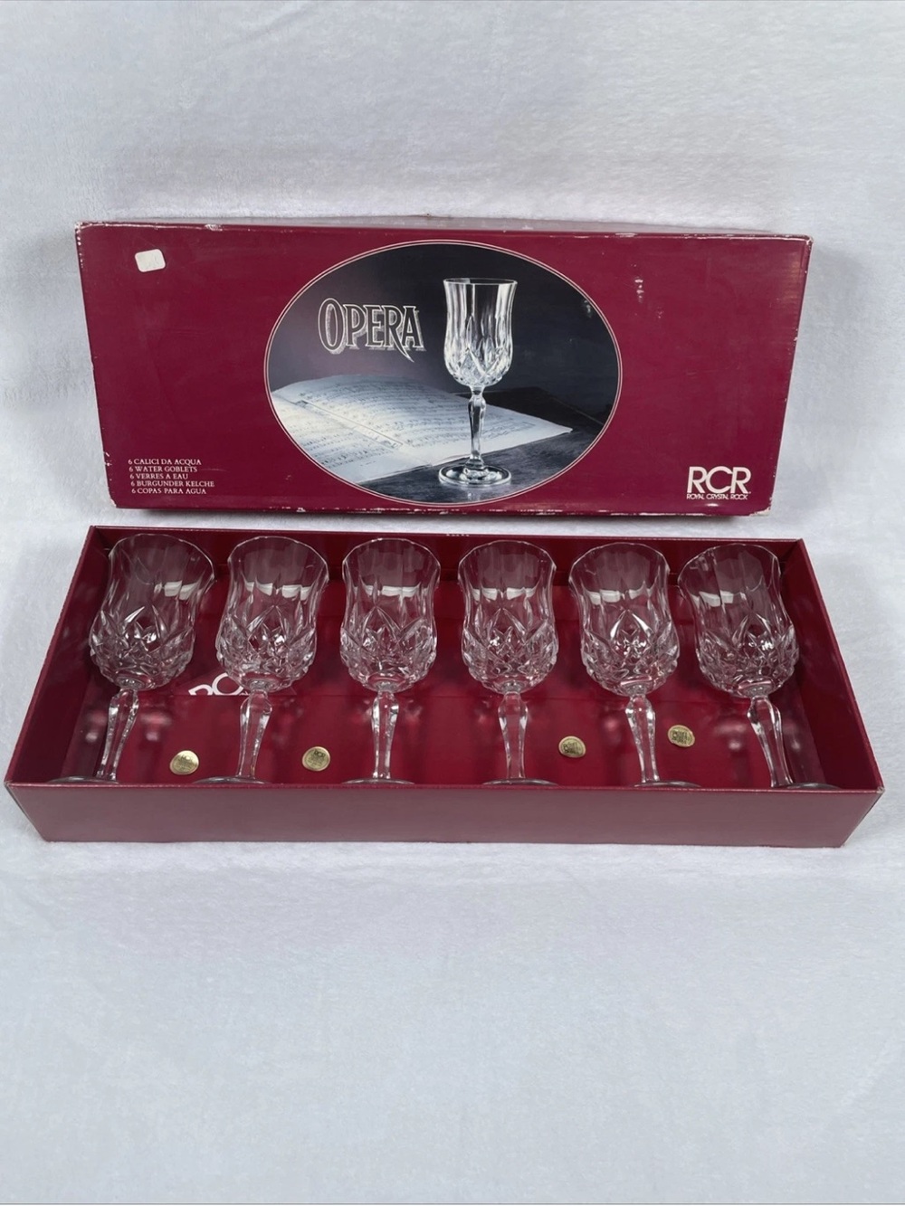 SET OF 6 Royal Crystal Rock RCR Opera Water Goblet Glasses 7.5” H Made In Italy